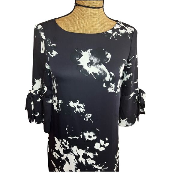 H&M Navy Satin Floral Shift Dress Size 4 Sleeve Bow Cuff Elegant Cocktail NWT - Picture 2 of 8